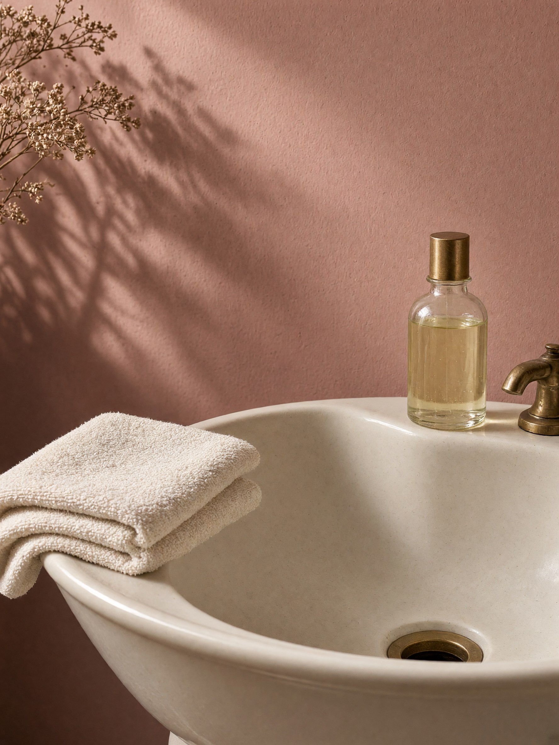 A cream wash basin, a folded towel, and a plain bottle of hair oil.